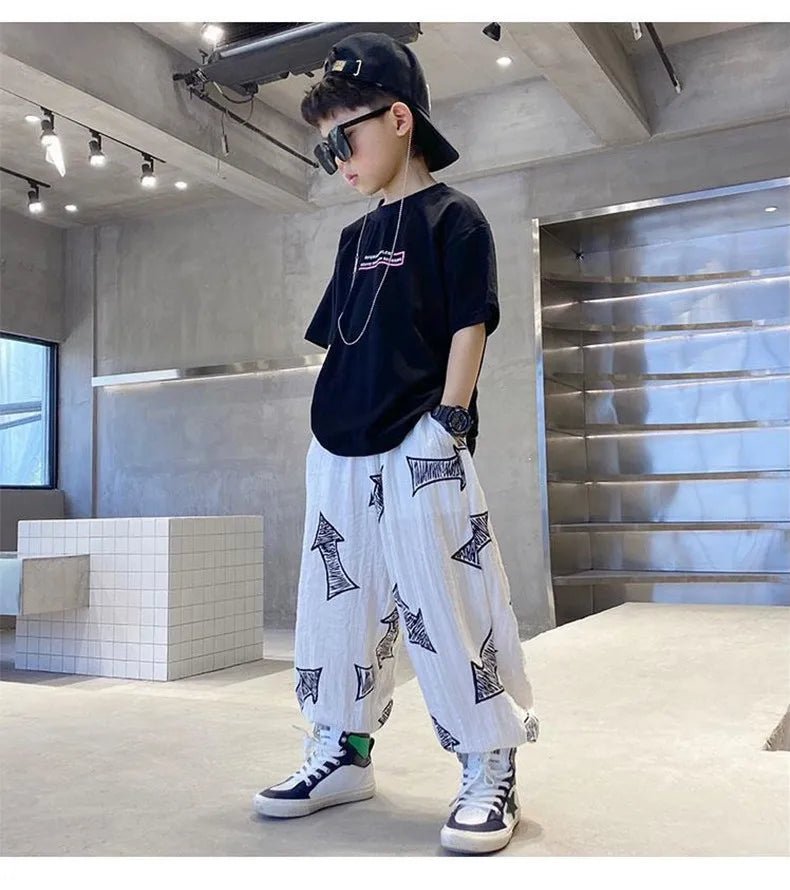 Children's Summer Set Korean Version Boy Hip Hop Loose Short Sleeve T-shirt Casual Mosquito Pants 2-piece Set - Mom & Kids