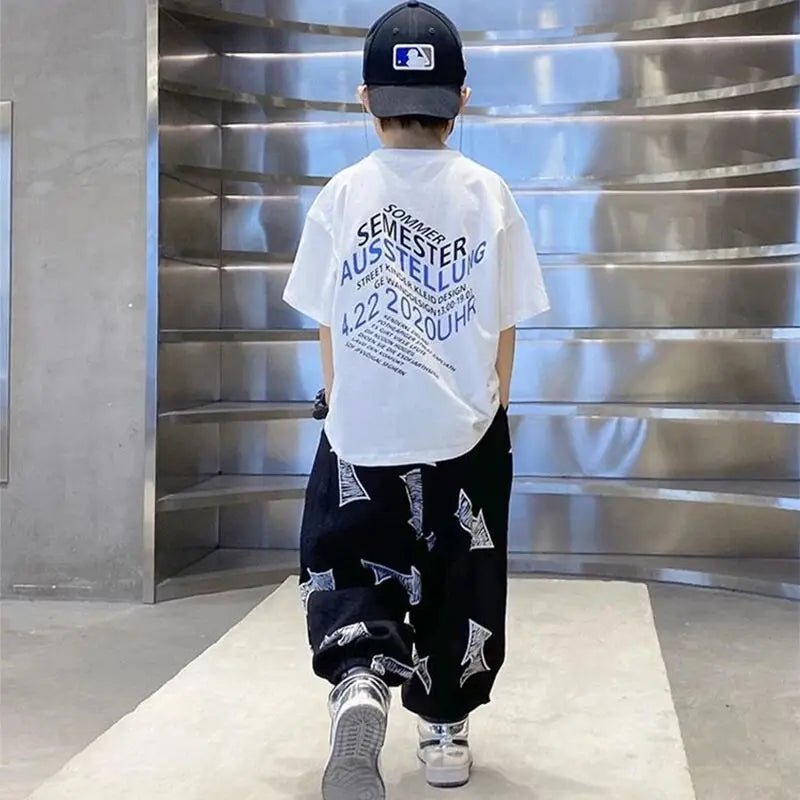 Children's Summer Set Korean Version Boy Hip Hop Loose Short Sleeve T-shirt Casual Mosquito Pants 2-piece Set - Mom & Kids