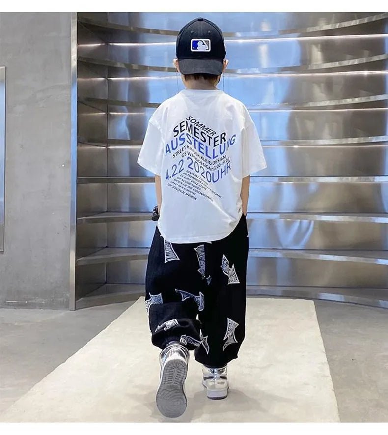 Children's Summer Set Korean Version Boy Hip Hop Loose Short Sleeve T-shirt Casual Mosquito Pants 2-piece Set - Mom & Kids