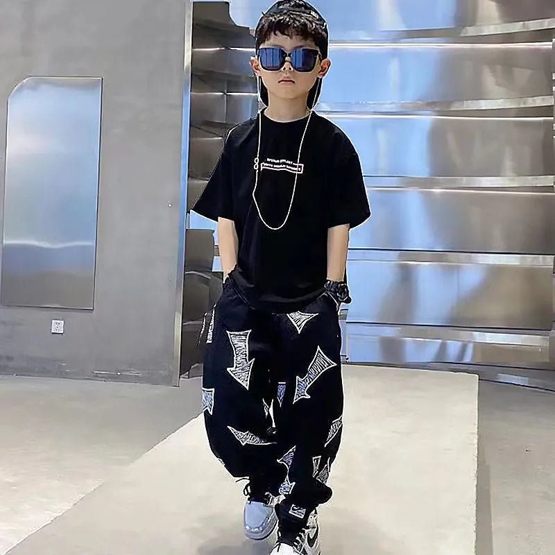 Children's Summer Set Korean Version Boy Hip Hop Loose Short Sleeve T-shirt Casual Mosquito Pants 2-piece Set - Mom & Kids