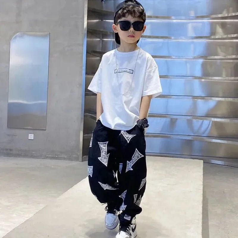 Children's Summer Set Korean Version Boy Hip Hop Loose Short Sleeve T-shirt Casual Mosquito Pants 2-piece Set - Mom & Kids
