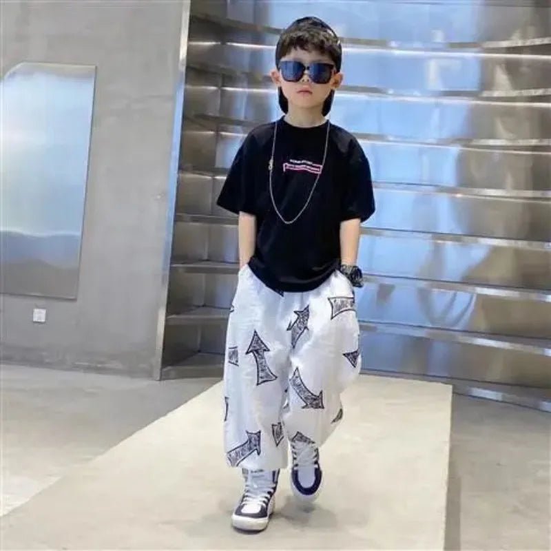 Children's Summer Set Korean Version Boy Hip Hop Loose Short Sleeve T-shirt Casual Mosquito Pants 2-piece Set - Mom & Kids