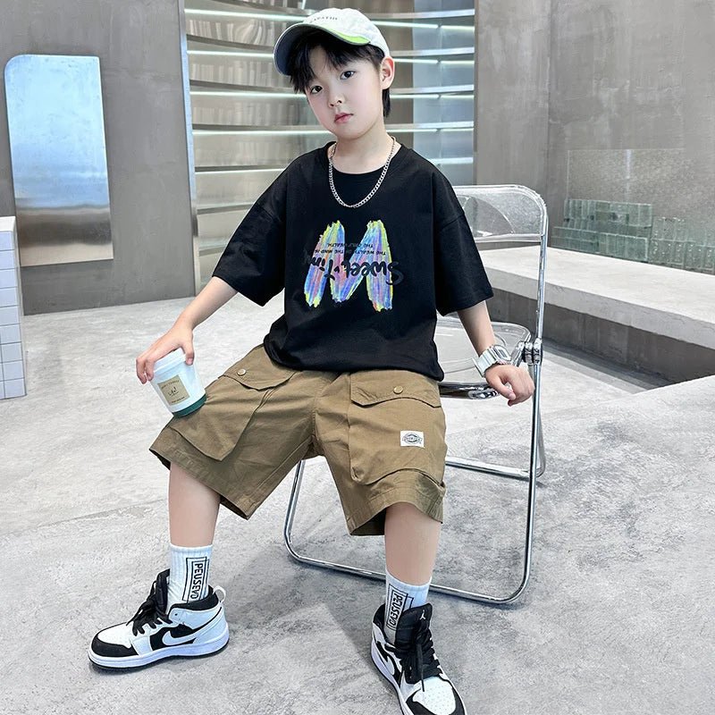 Clothing Sets Big Children Short-sleeved Top+Shorts Suits Teenager T-shirt Loose Sports 2Pcs Outfits - Mom & Kids