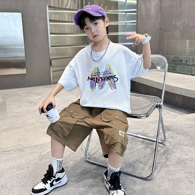 Clothing Sets Big Children Short-sleeved Top+Shorts Suits Teenager T-shirt Loose Sports 2Pcs Outfits - Mom & Kids