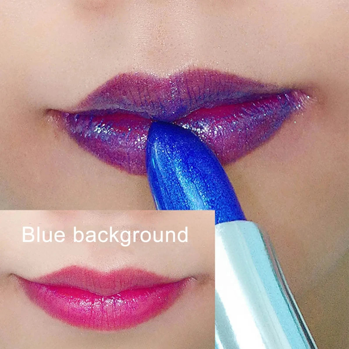 Waterproof color changing lipstick that turns from blue to pink with a moisturizing long-lasting formula