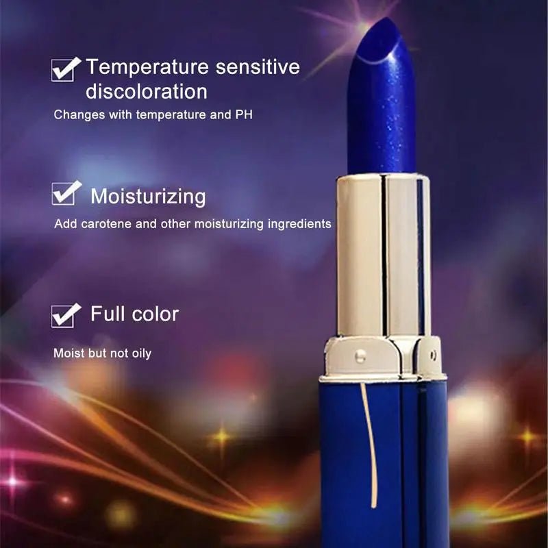 Waterproof color changing lipstick that turns from blue to pink with a moisturizing long-lasting formula