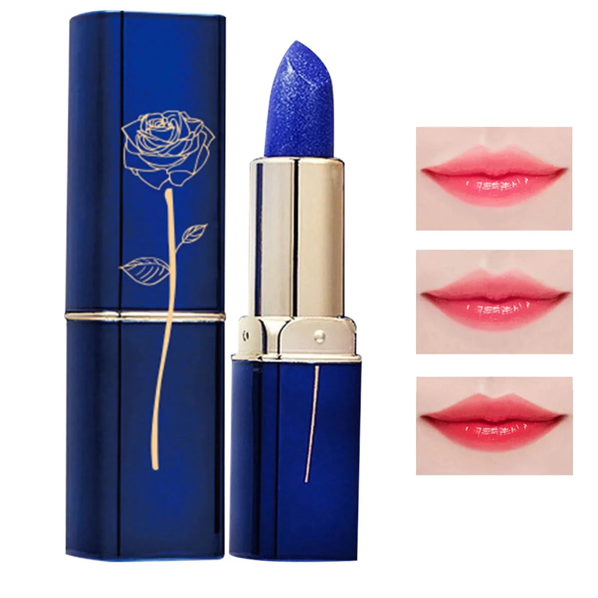 Waterproof color changing lipstick that turns from blue to pink with a moisturizing long-lasting formula