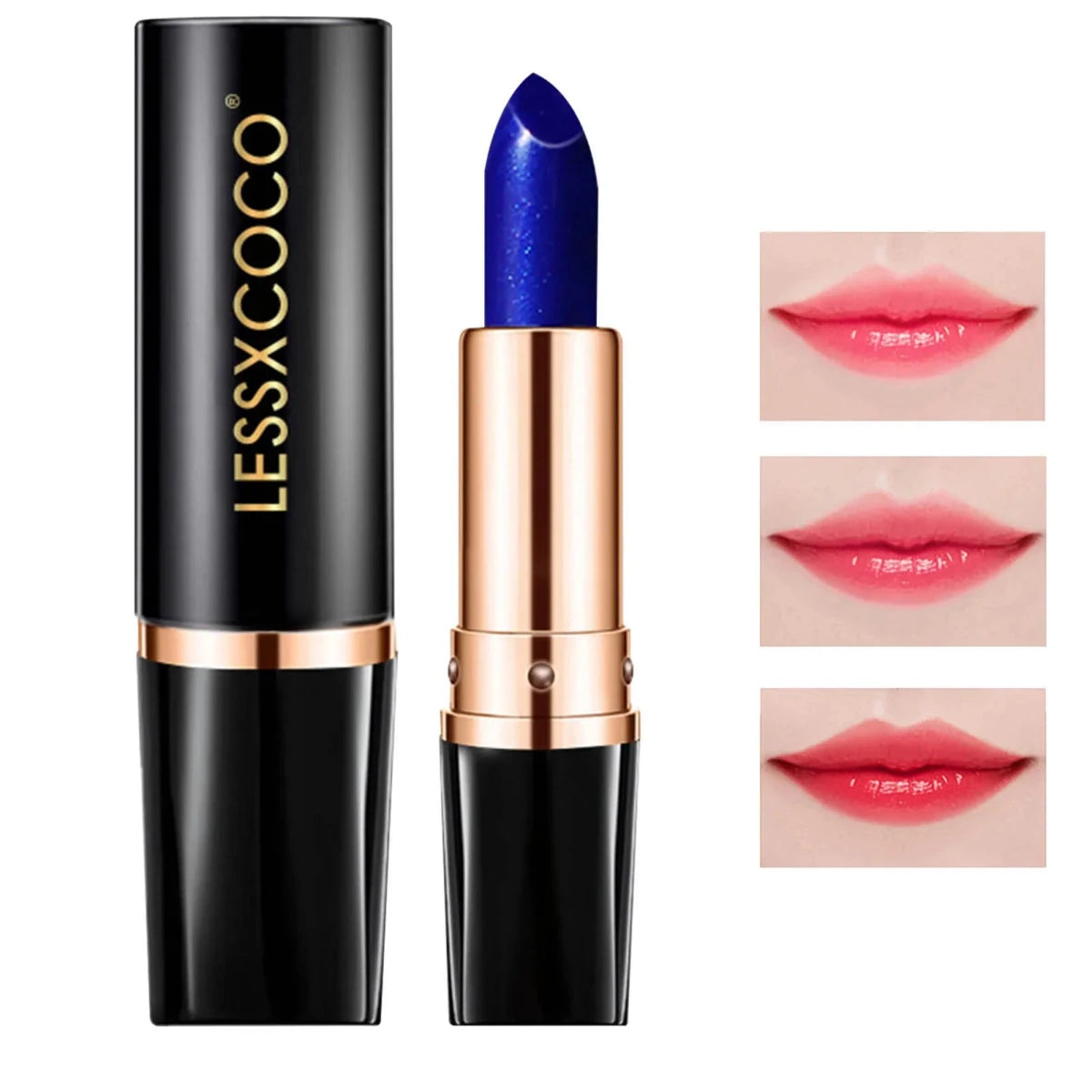 Waterproof color changing lipstick that turns from blue to pink with a moisturizing long-lasting formula