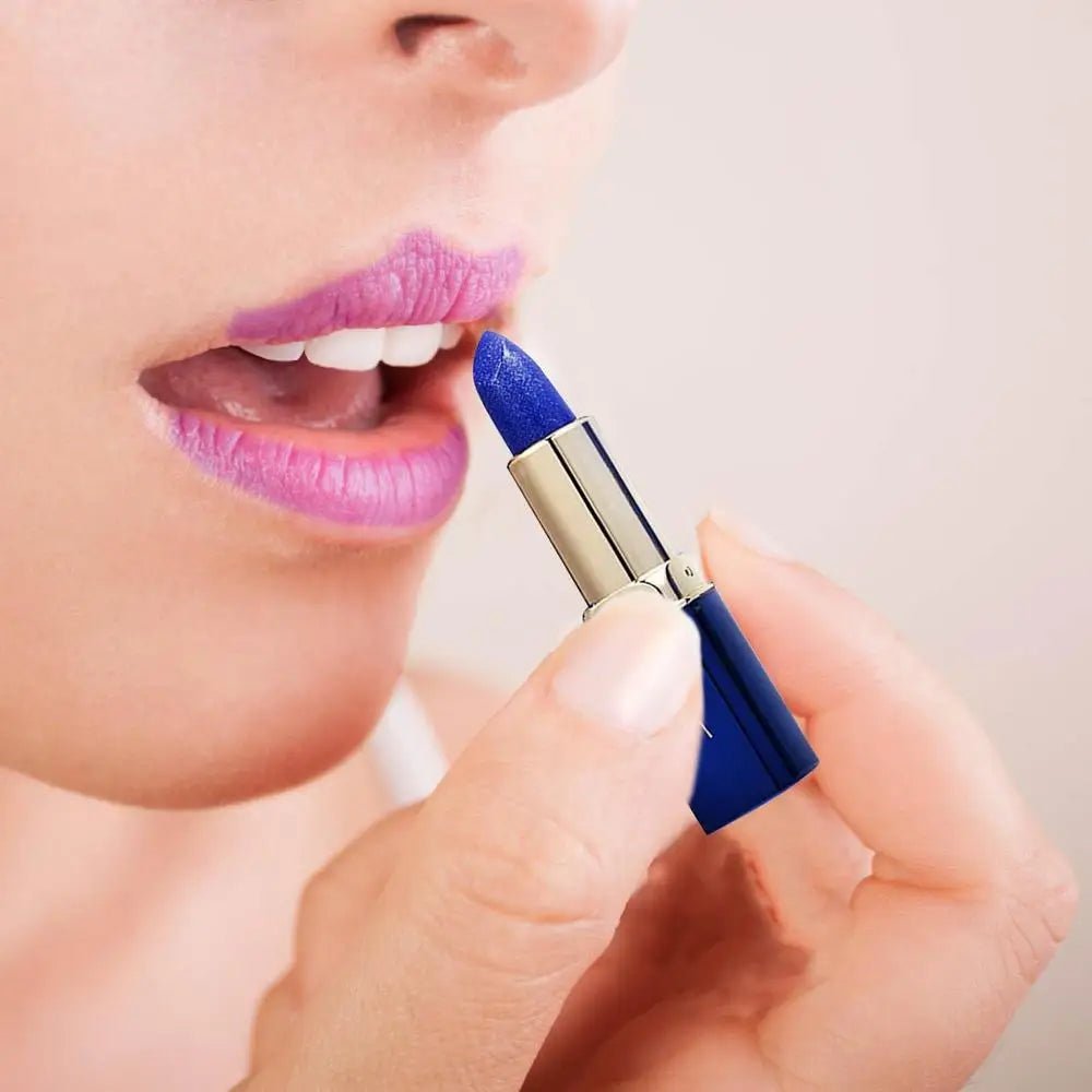 Waterproof color changing lipstick that turns from blue to pink with a moisturizing long-lasting formula
