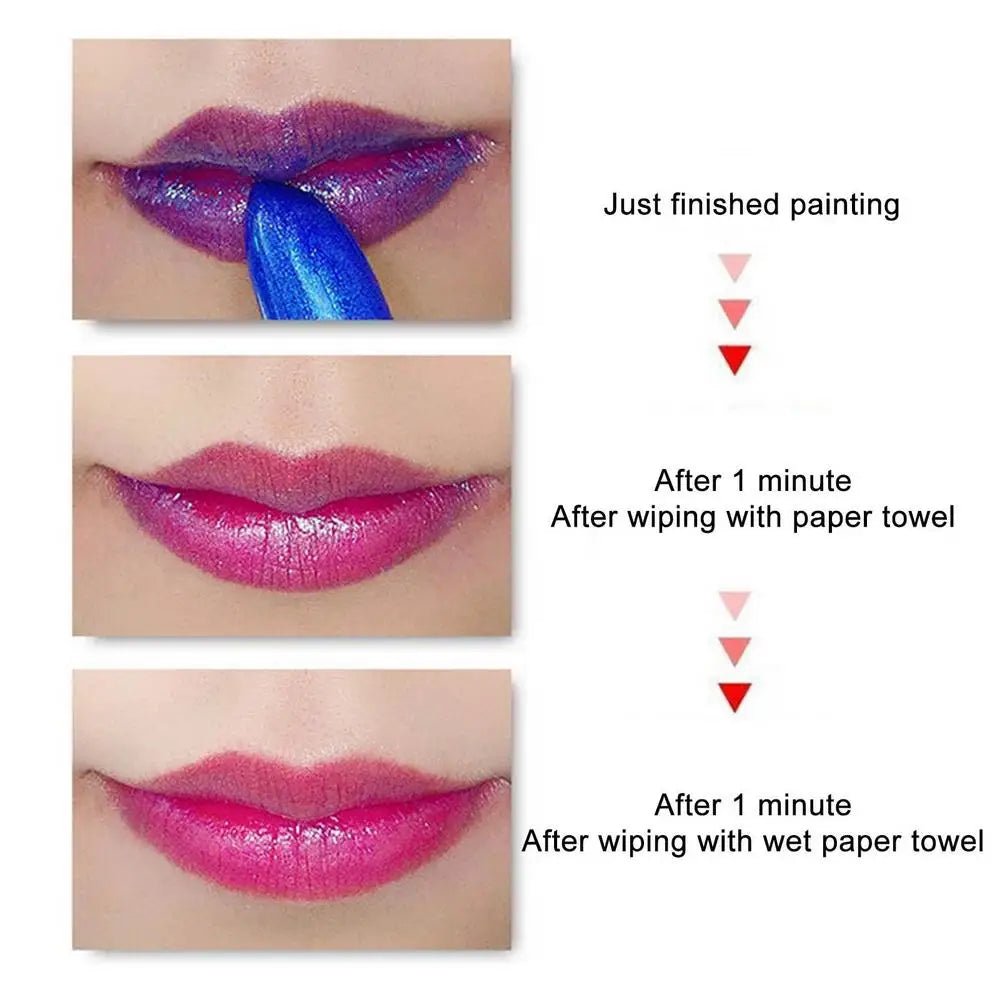 Waterproof color changing lipstick that turns from blue to pink with a moisturizing long-lasting formula