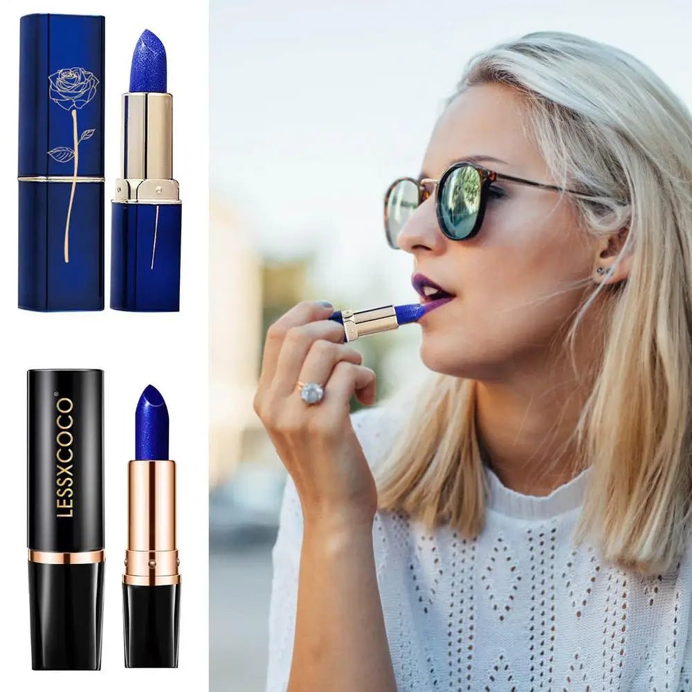 Waterproof color changing lipstick that turns from blue to pink with a moisturizing long-lasting formula