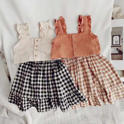 Strap Short Top And Checked Skirt