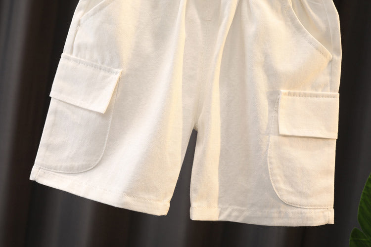 Boys' Summer Cute Stripes Solid Color Short-sleeved Shorts Two-piece Set