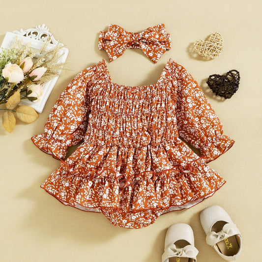 Infant Autumn Floral Chiffon Butterfly Cute Pastoral Style Baby Bodysuit Dress