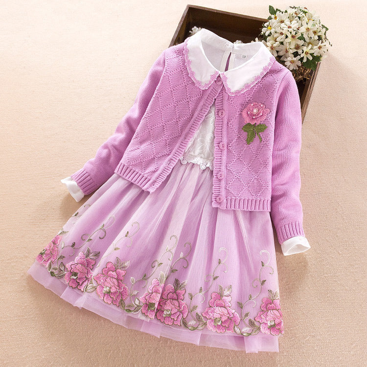 Girls' Dress Two-piece Spring Long-sleeved Sweater Princess Dress
