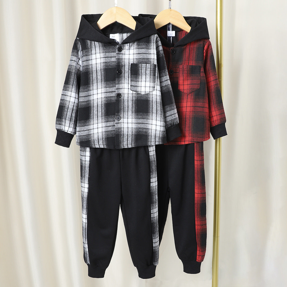 Long Sleeve Plaid Contrast Color Hoodie Two-piece Set (Available)