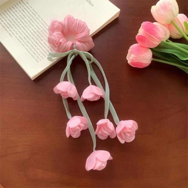 Elegant Floral Tulle Scrunchie With Fringe Detailing Headbands Rope Hair Band For Everyday Styling - Mom & Kids