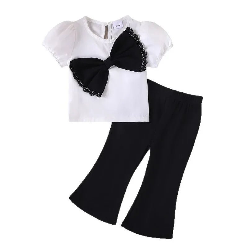 Europe United States summer girl suit new temperament girl suit child bubble sleeve short sleeve + micro pants two-piece set - Mom & Kids