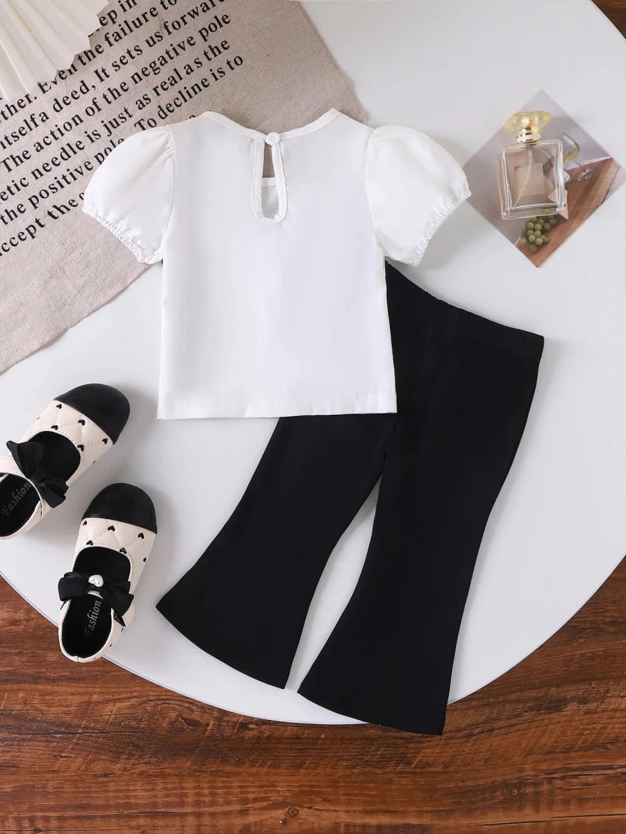 Europe United States summer girl suit new temperament girl suit child bubble sleeve short sleeve + micro pants two-piece set - Mom & Kids