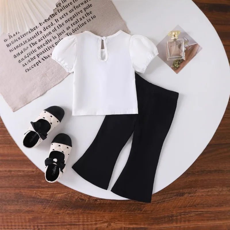 Europe United States summer girl suit new temperament girl suit child bubble sleeve short sleeve + micro pants two-piece set - Mom & Kids
