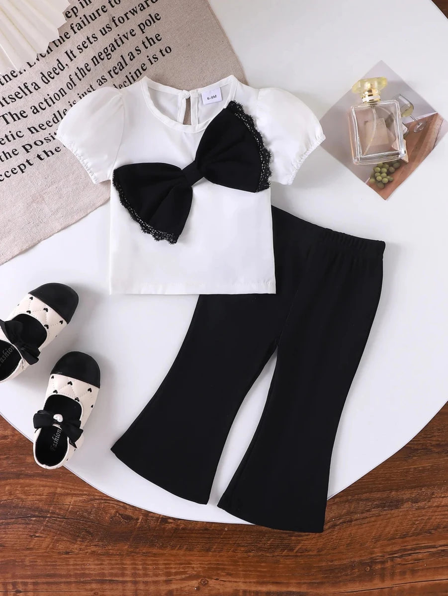 Europe United States summer girl suit new temperament girl suit child bubble sleeve short sleeve + micro pants two-piece set - Mom & Kids