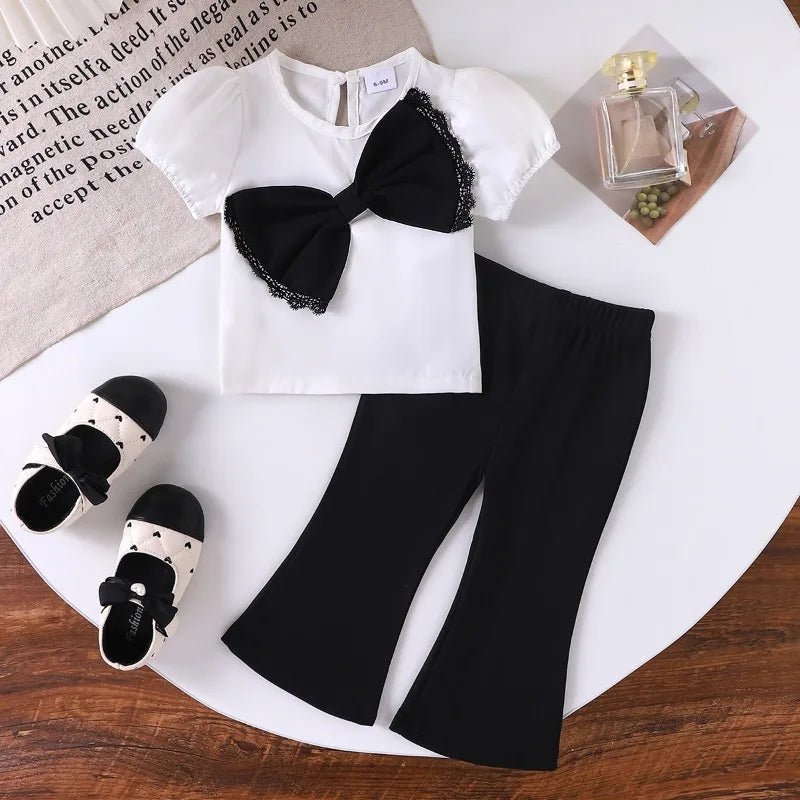 Europe United States summer girl suit new temperament girl suit child bubble sleeve short sleeve + micro pants two-piece set - Mom & Kids