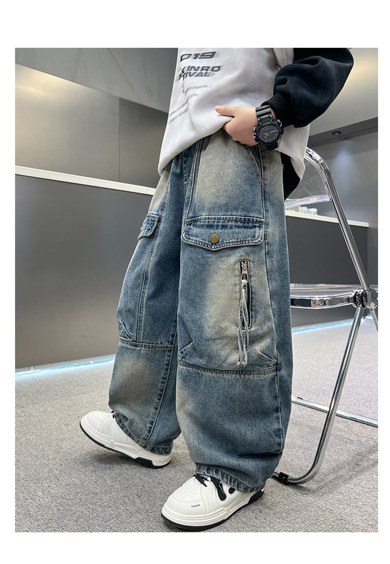 Simple And Versatile Boys' Pants Loose Cargo Jeans