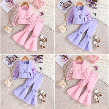 Girls' Mesh Sleeve Top Bell-bottom Pants Suit