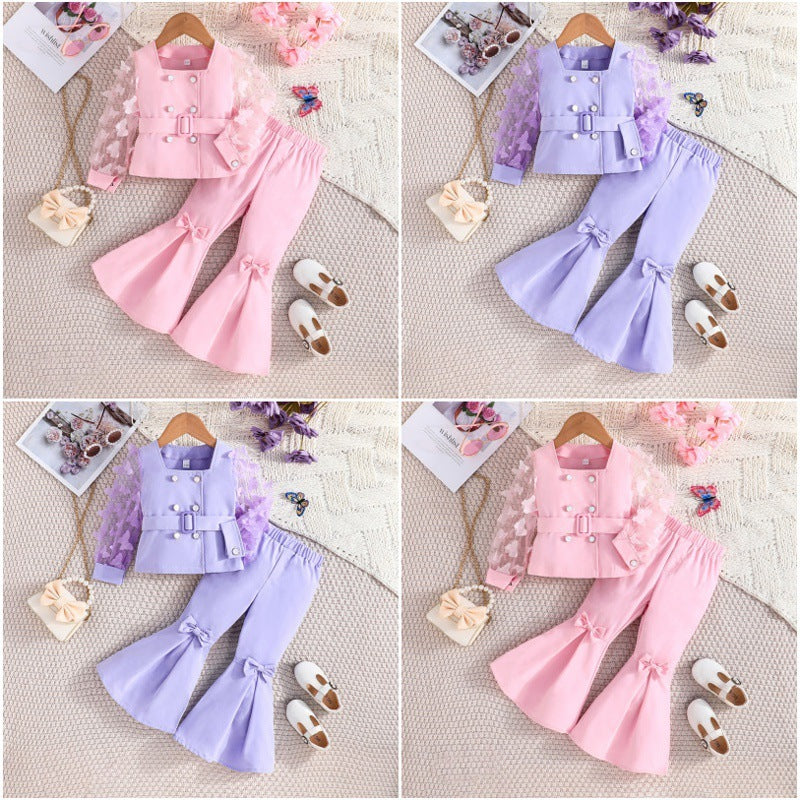 Girls' Mesh Sleeve Top Bell-bottom Pants Suit[Available]