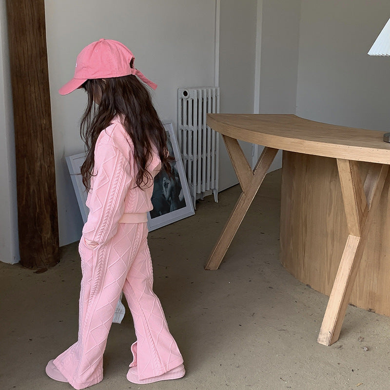 Children's Korean-style Short Knitted Long-sleeved Shirt Split Flared Pants Two-piece Set