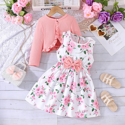 Girls' Colorful Suspender Skirt Solid Color Coat Set