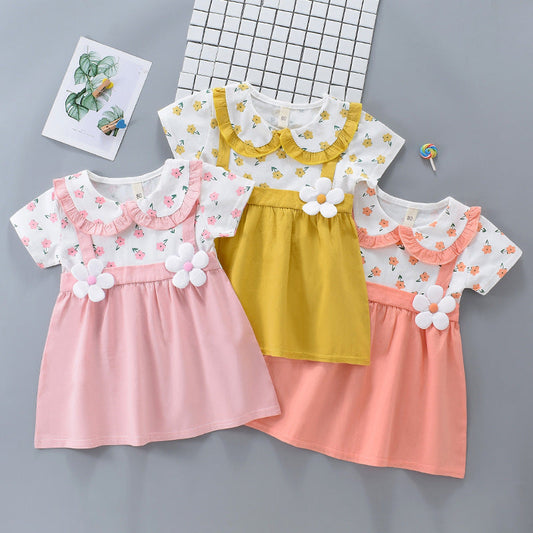 Girls' Cute Fake Two-piece All-match Short Sleeve Dress