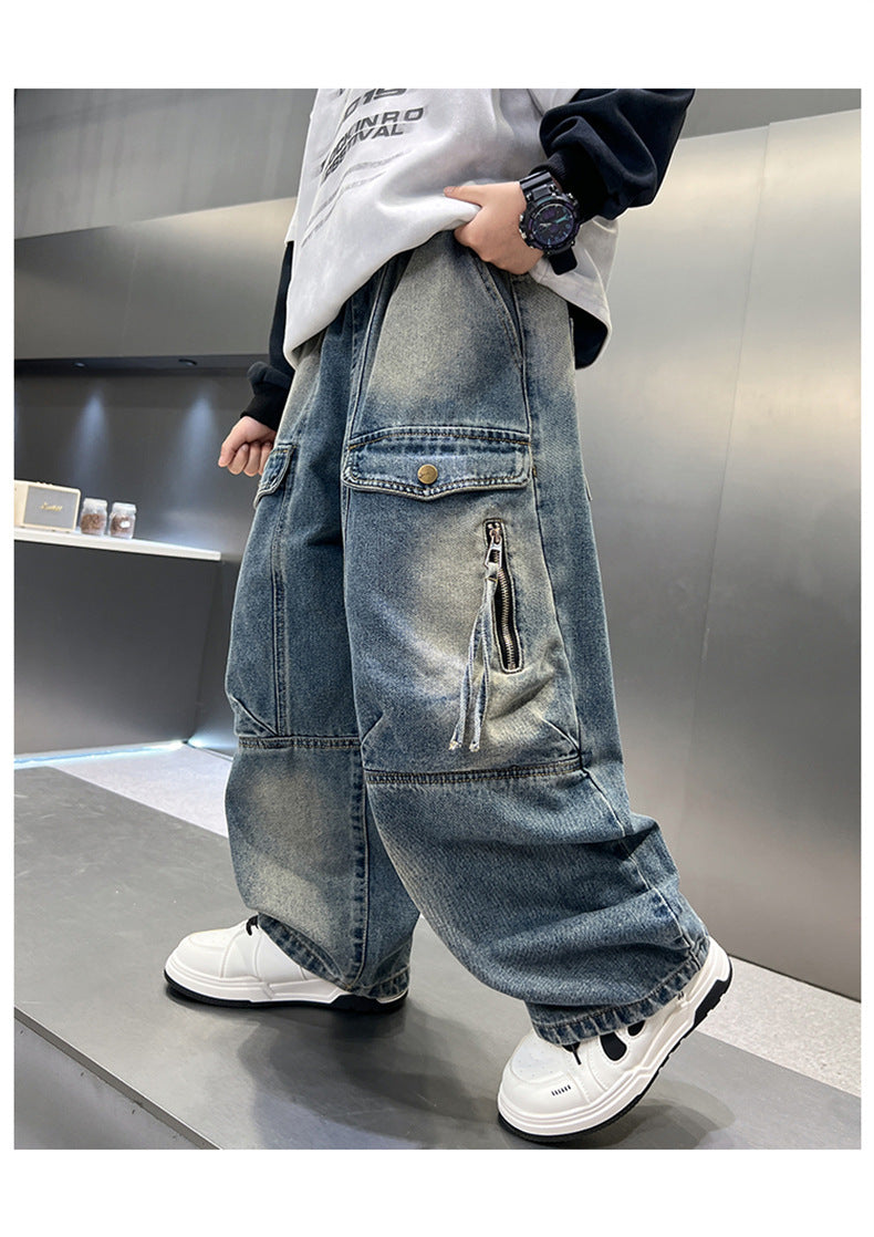 Simple And Versatile Boys' Pants Loose Cargo Jeans