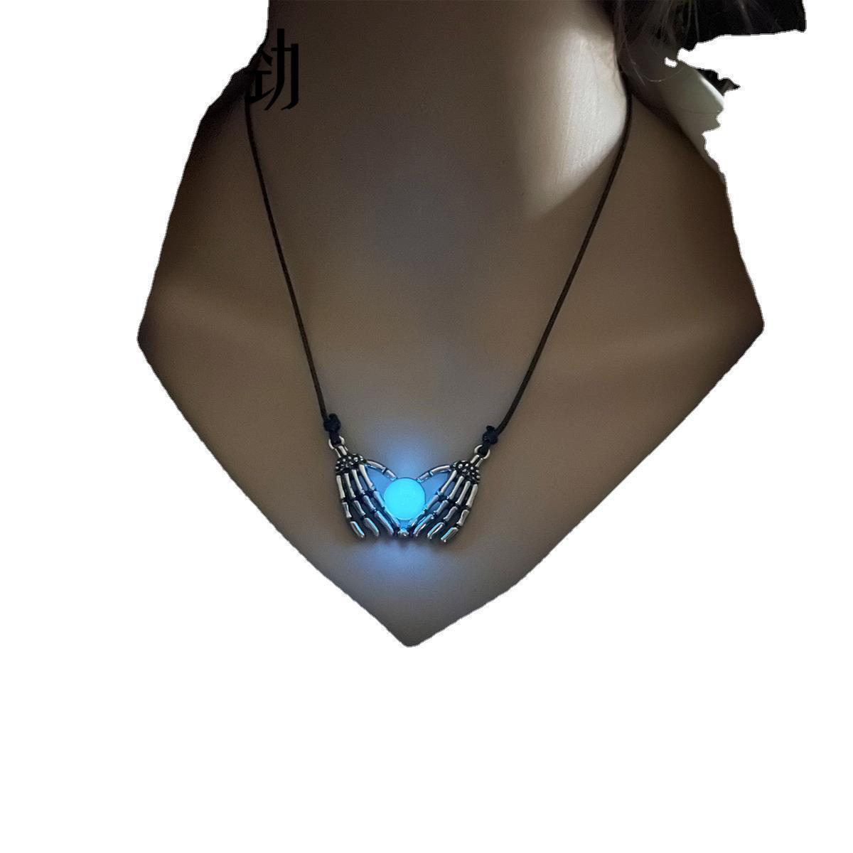 Fashion Halloween Skull Palm Heart Pendant Luminous Necklace For Women Glowing Jewelry Rope Chain Choker Party Statement Gift (Available) - Mom & Kids