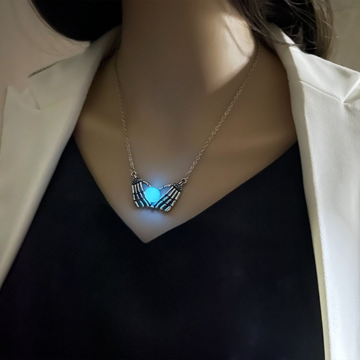 Fashion Halloween Skull Palm Heart Pendant Luminous Necklace For Women Glowing Jewelry Rope Chain Choker Party Statement Gift (Available) - Mom & Kids