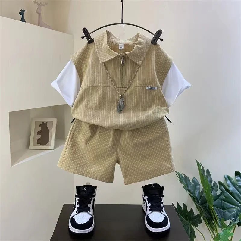 Fashion Summer Striped Half Zipper Cotton Short Sleeve Shirts And Pants 2 Piece Baby Boy Clothes Kids 1-8T Leisure Sport Outfits - Mom & Kids