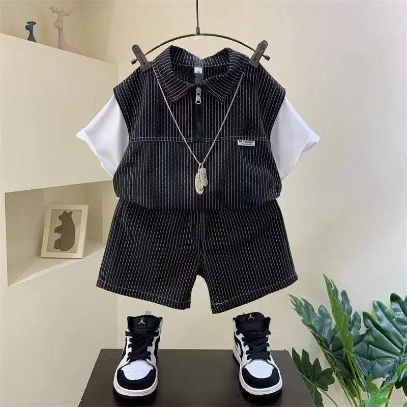 Fashion Summer Striped Half Zipper Cotton Short Sleeve Shirts And Pants 2 Piece Baby Boy Clothes Kids 1-8T Leisure Sport Outfits - Mom & Kids