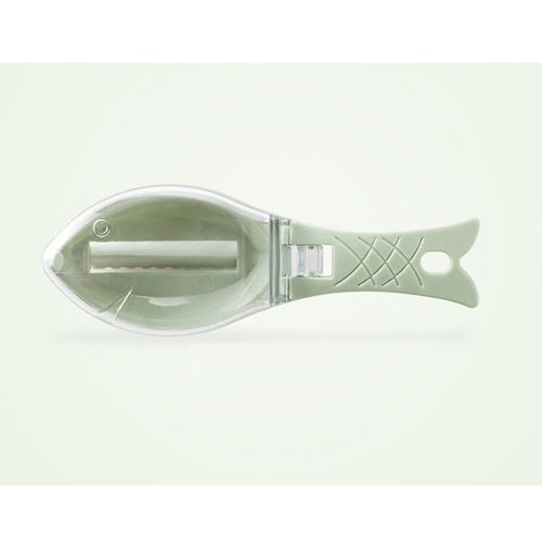 Fish Scale Scraper with protective cover, ergonomic handle, and stainless steel scraping edge for easy fish cleaning in the kitchen