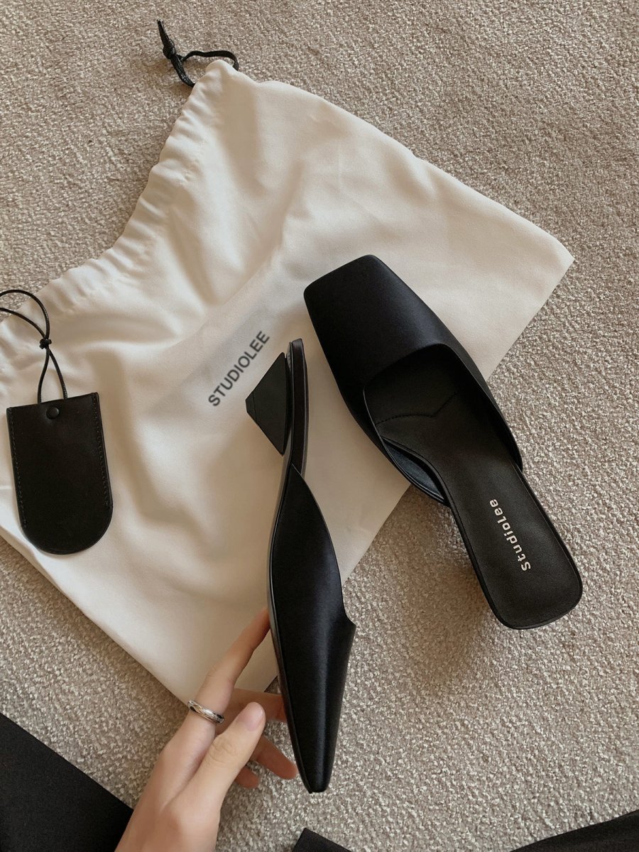 French Style Square Toe Low-cut Silk Satin Triangle Heel Muller Sandals (Available) - Mom & Kids