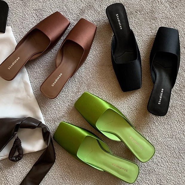 French Style Square Toe Low-cut Silk Satin Triangle Heel Muller Sandals (Available) - Mom & Kids