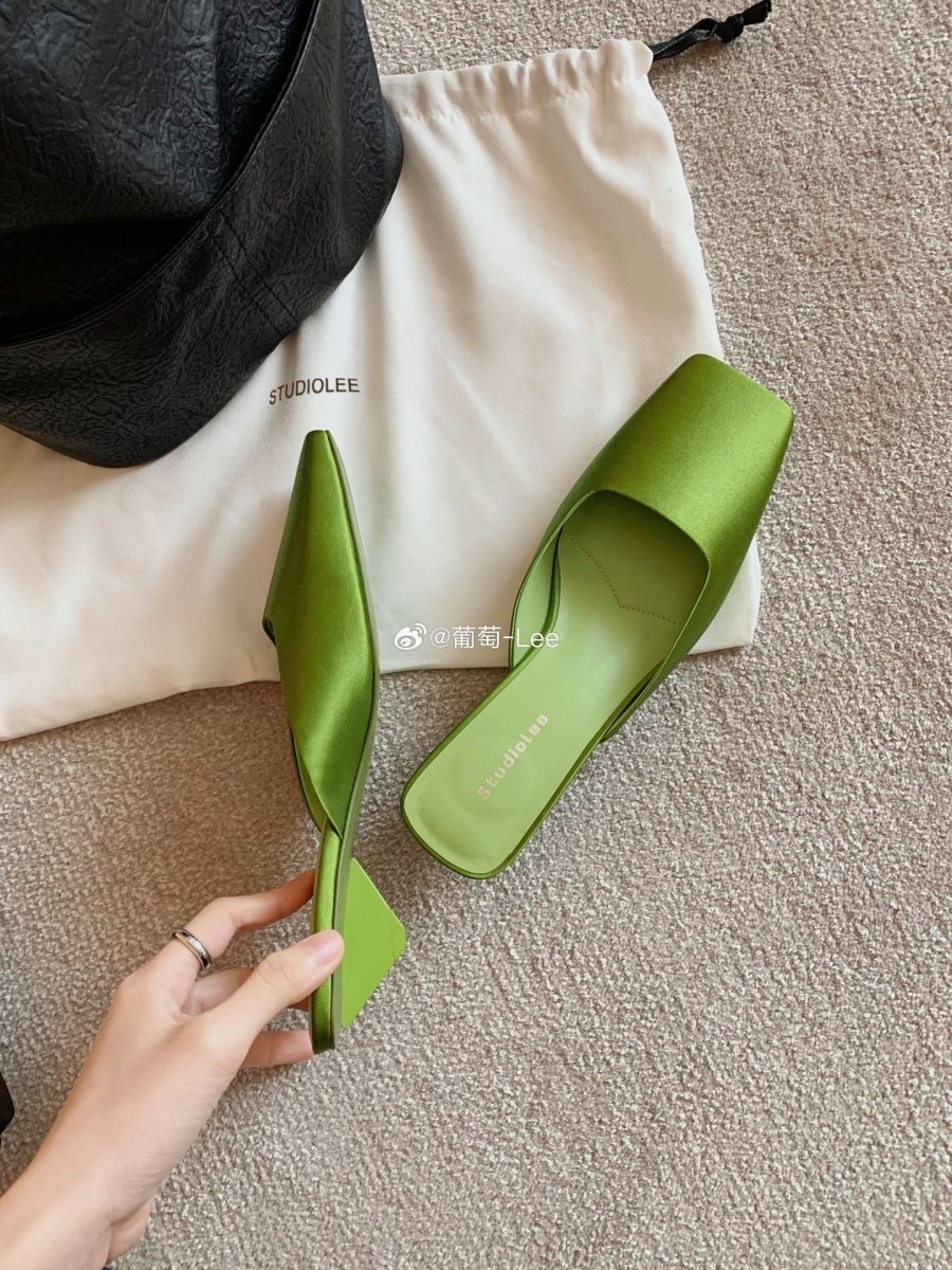 French Style Square Toe Low-cut Silk Satin Triangle Heel Muller Sandals (Available) - Mom & Kids