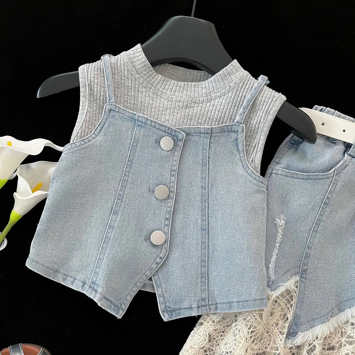 Girls Baby Summer Clothing Set Denim 4pcs Suits Top Vests+Tees+lace Skirts+Belt,fashion Kids Children Birthday Casual Clothes - Mom & Kids