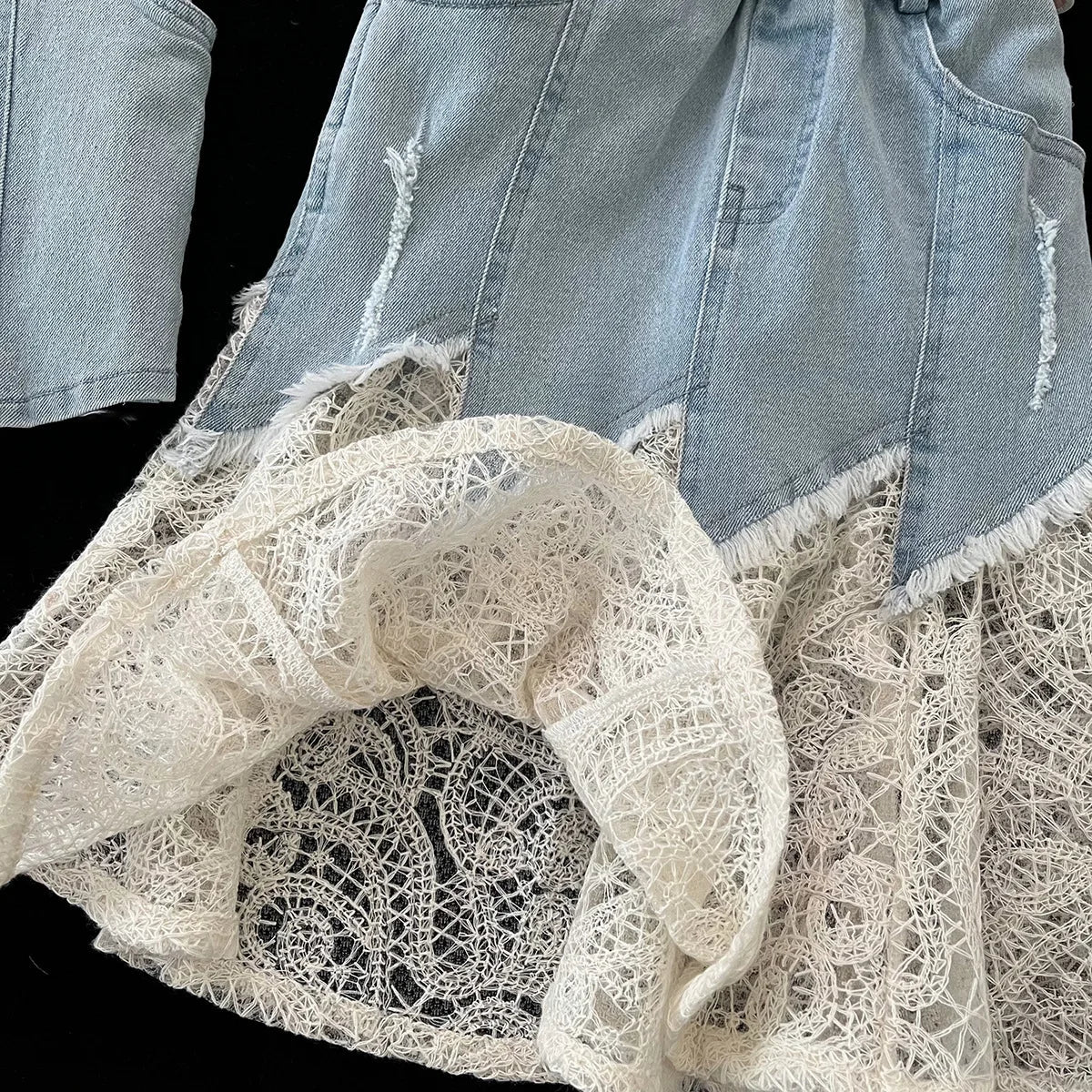Girls Baby Summer Clothing Set Denim 4pcs Suits Top Vests+Tees+lace Skirts+Belt,fashion Kids Children Birthday Casual Clothes - Mom & Kids