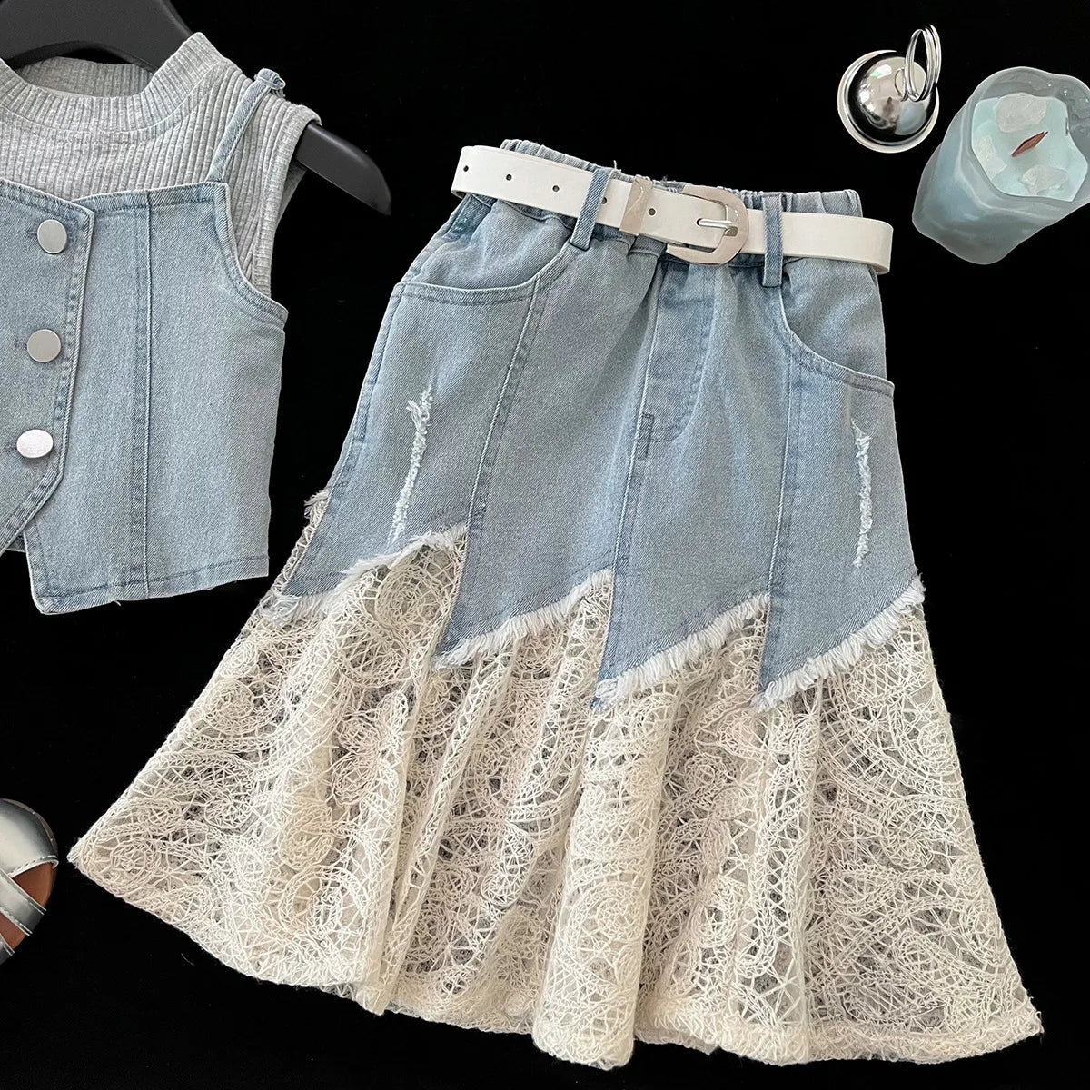 Girls Baby Summer Clothing Set Denim 4pcs Suits Top Vests+Tees+lace Skirts+Belt,fashion Kids Children Birthday Casual Clothes - Mom & Kids