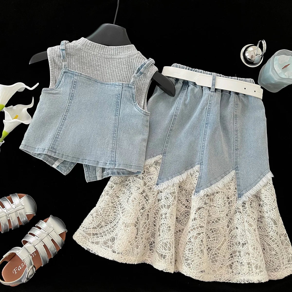 Girls Baby Summer Clothing Set Denim 4pcs Suits Top Vests+Tees+lace Skirts+Belt,fashion Kids Children Birthday Casual Clothes - Mom & Kids