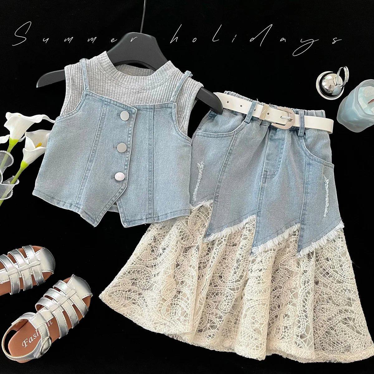 Girls Baby Summer Clothing Set Denim 4pcs Suits Top Vests+Tees+lace Skirts+Belt,fashion Kids Children Birthday Casual Clothes - Mom & Kids