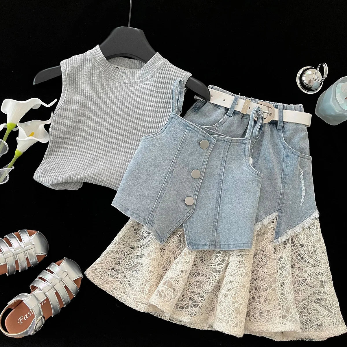 Girls Baby Summer Clothing Set Denim 4pcs Suits Top Vests+Tees+lace Skirts+Belt,fashion Kids Children Birthday Casual Clothes - Mom & Kids