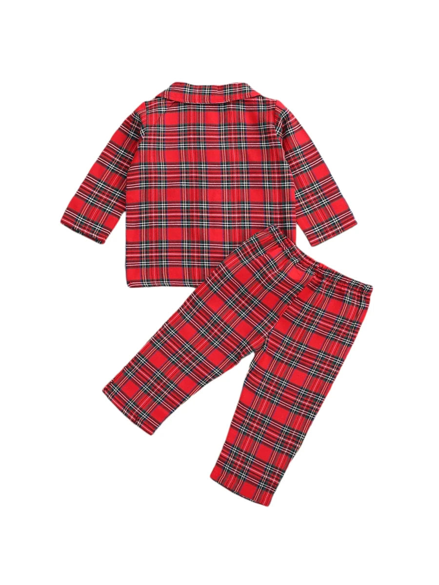 Girls Boys Plaid Homewear Set Long Sleeve Single Breasted Lapel Shirt Elastic Waist Long Pants Kids Autumn Pajamas Outfits - Mom & Kids