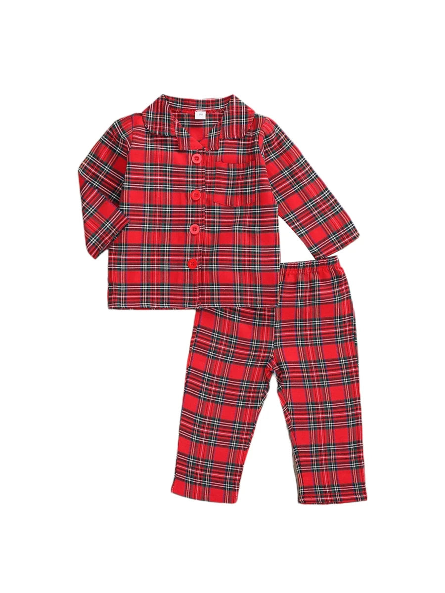 Girls Boys Plaid Homewear Set Long Sleeve Single Breasted Lapel Shirt Elastic Waist Long Pants Kids Autumn Pajamas Outfits - Mom & Kids