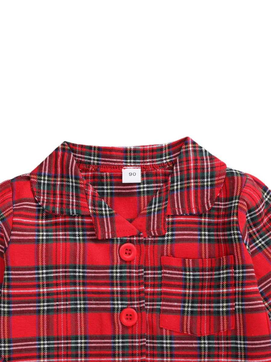 Girls Boys Plaid Homewear Set Long Sleeve Single Breasted Lapel Shirt Elastic Waist Long Pants Kids Autumn Pajamas Outfits - Mom & Kids